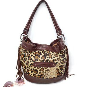 B. Makowsky Leopard Print Leather Bucket Bag